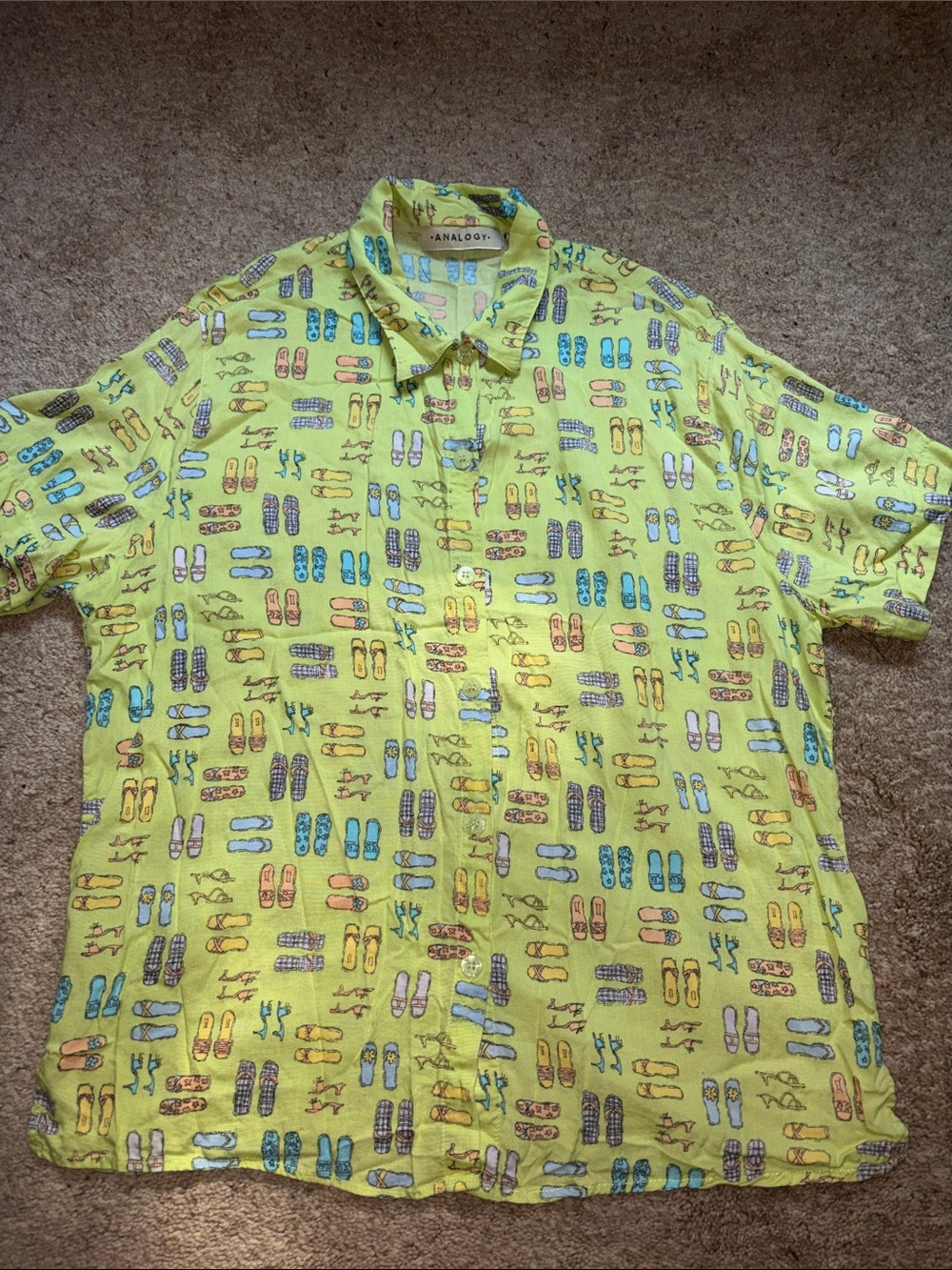 ANALOGY Lime Green Flip Flop Novelty Print Button Down Shirt Casual Size XL